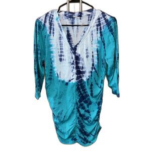 XCVI Mindset Blue Tie Dye Top L V Neck Cotton Pullover 3/4 Sleeve Ruching